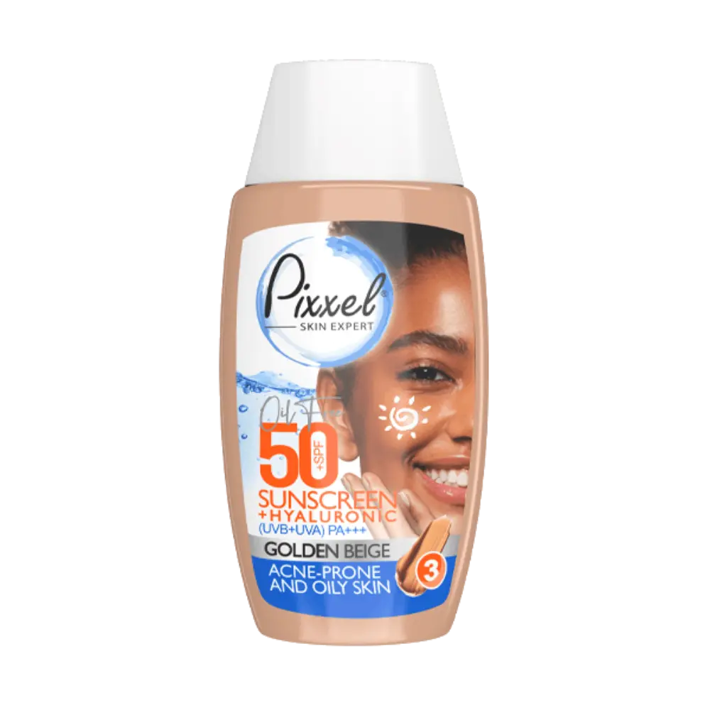 GOLDEN-BIGE-OIL-FREE-.webp کرم ضدآفتاب رنگ بژ طلایی مناسب پوست جوشدار و چرب پیکسل - Image 1